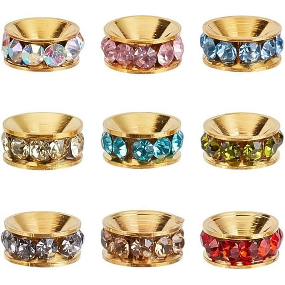 50 Pcs Rhinestone European Beads 9mm Charm Beads Brass Beads Large Hole Spacer Beads for Beadable Pens Jewelry Making Supplies DIY Crafts Bracelet
