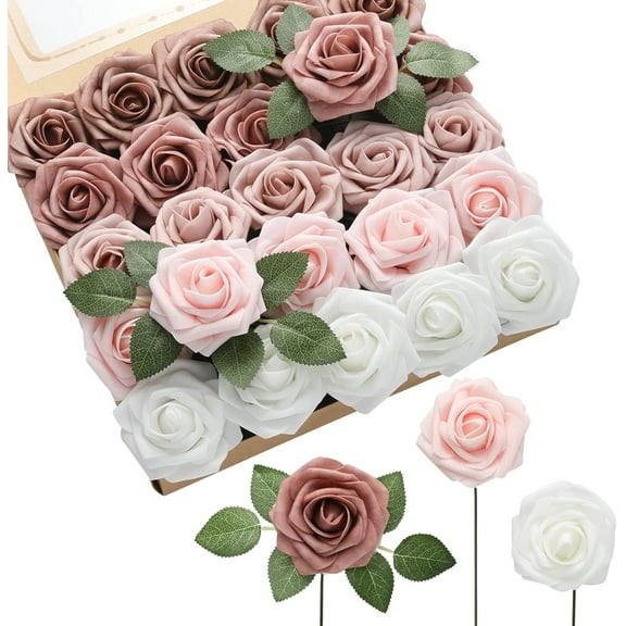 50 Pcs Rose Artificial Flowers, Gradient Beige Fake Roses for Decorations, Real Touch Foam Rose Bulk with Stems DIY Wedding Bouquets Floral Arrangements Bridal Shower Party Table Decor