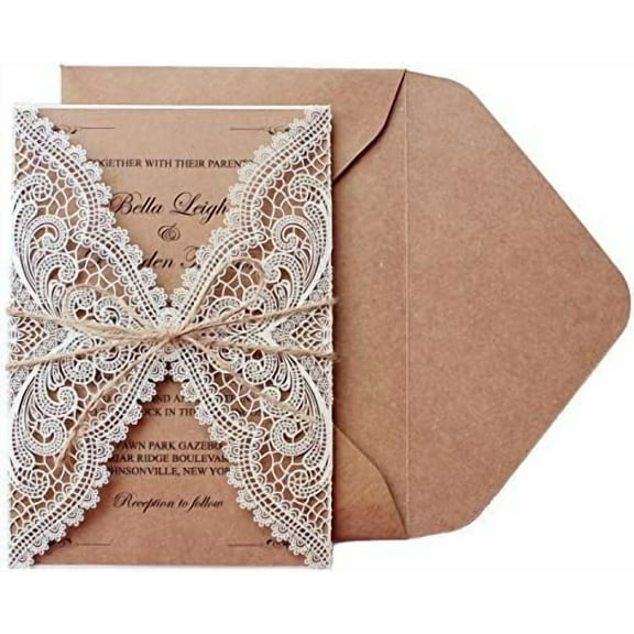 50 Pcs Rustic Laser Cut Lace Wedding Invitations Kits, 5" x 7.3", Rustic Kraft Blank Invitations for Wedding, Bridal Shower, Engagement, Anniversary Invite