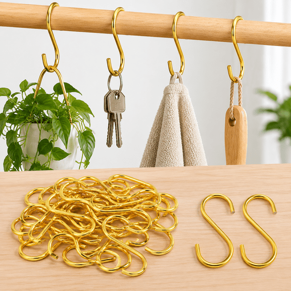 50 Pcs S Hooks Gold, Mini S Hooks for Hanging, 1.57 x 0.79 Inches (Gold)