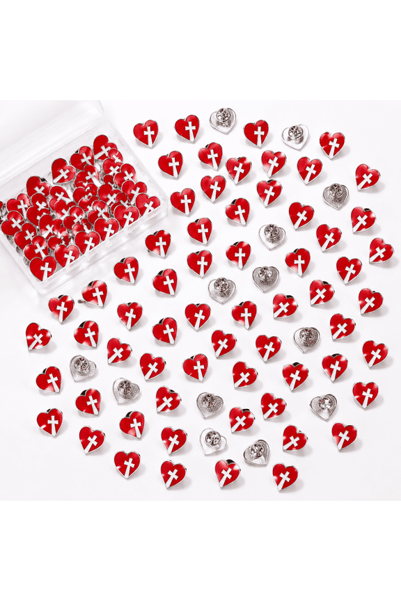 50 Pcs Sacred Heart of Jesus Pins, Red Heart Cross Lapel Brooch, Christian Religious Favors Bulk for Church Clergy Gifts, Faith Symbol for Valentine's Easter
