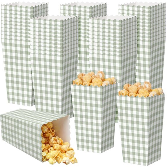50 Pcs Sage Green Plaid Popcorn Boxes 6 x 3 x 2.4 In Disposable Paper Party Snack Containers