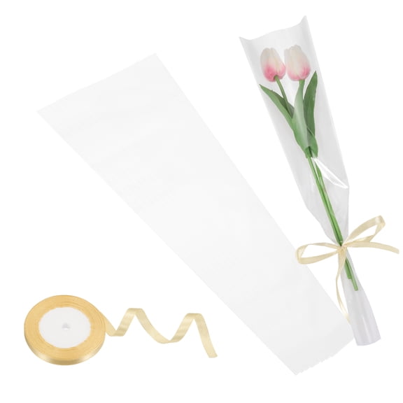 50 Pcs Single Rose Flower Sleeves Bulk 17.7x4.7x1.6 Inch Floral Wrapping Paper Bags with Ribbons for Mother's Day Wedding Birthday Bouquet Graduation Gifts (White/Light Gold)