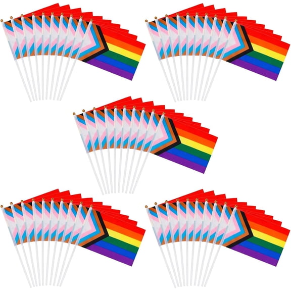 50 Pcs Small Rainbow Pride Flags, 5.5 x 7.8 Inch Mini Handheld LGBTQ Flags, Handheld Progress Rainbow Flags on Stick for Gay Lesbian Party Parade