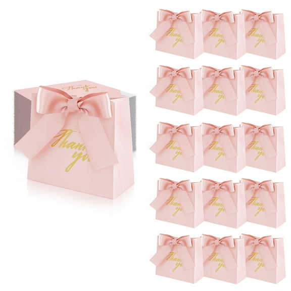 50 Pcs Small Thank You Gift Bags, Mini Party Favor Bag Treat Box with Bow Ribbon, Pink Paper Gift Bags Bulk for Wedding, Birthday, Bridal Shower, Baby Shower (4.5x1.8x4 Inch)