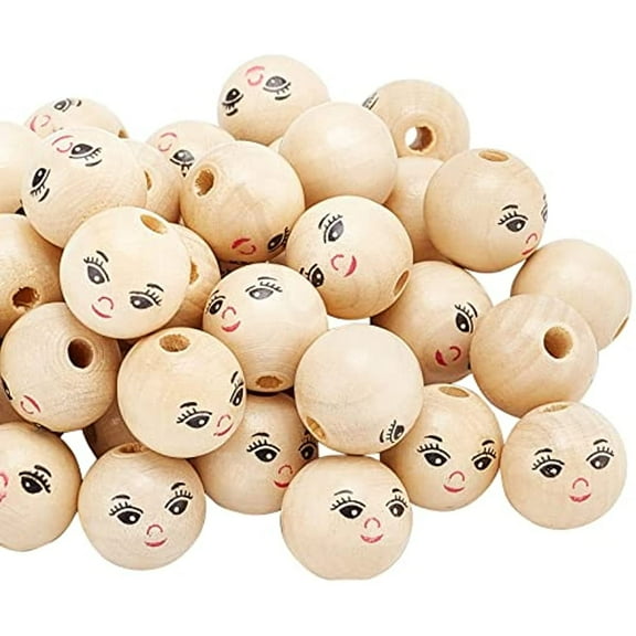 50 Pcs Smiling Face Wooden Beads Schima Wood Beads Round Spacer Painted Wooden Beads with Hole Doll Head Beads DIY Jewelry Finding Macrame Pendant Crafts (L:17.5mm Hole: 4mm)