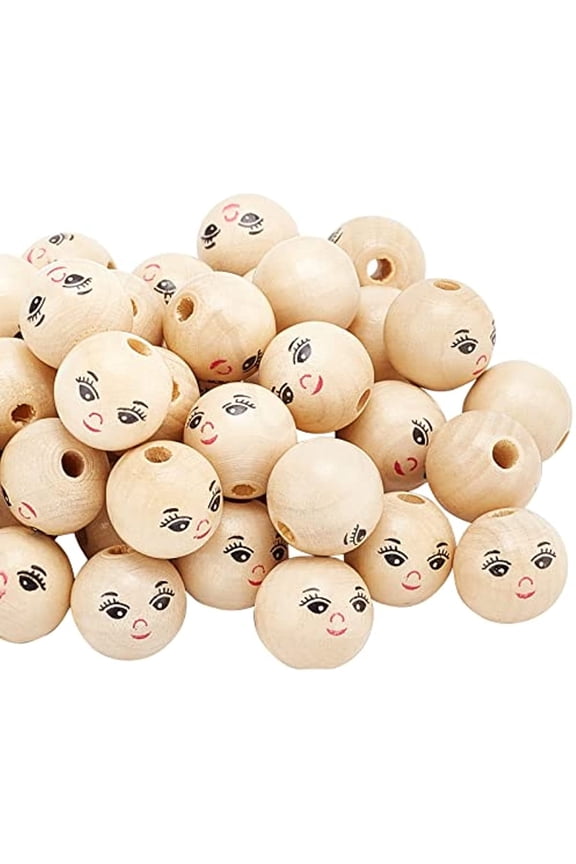 50 Pcs Smiling Face Wooden Beads Schima Wood Beads Round Spacer Painted Wooden Beads with Hole Doll Head Beads DIY Jewelry Finding Macrame Pendant Crafts (L:17.5mm Hole: 4mm)