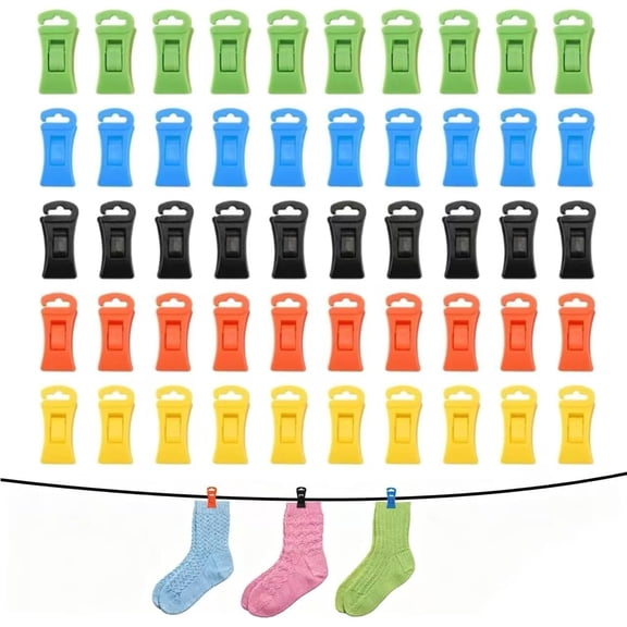 50 Pcs Sock Clips with Hook, Multi-Color Plastic Sock Holder Laundry Clips for Washing Machine and Dryer, Clothes Pins Tie Clips Stocking Organizer Hanger Clips for Clothes, Food Bag(RL Mix Corlor)