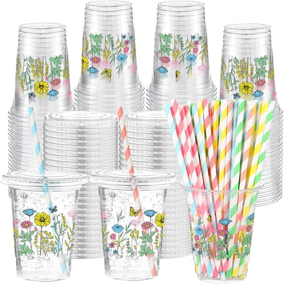 50 Pcs Spring Wildflower Disposable Cups with Lids and Straw 12 oz Floral Plastic Cups Flower Drinking Cups for Spring Summer Birthday Tea Party Baby Shower Party Supplies