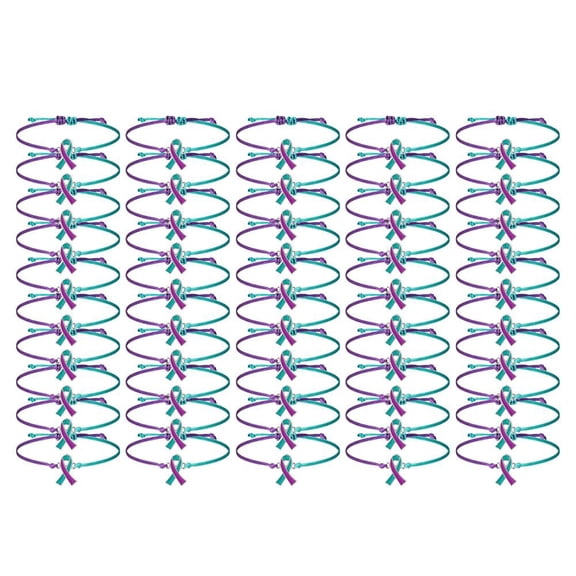 50 Pcs Suicide Prevention Awareness Bracelets,Adjustable Cord Teal Ribbon Braided Bracelets,Teal and Ribbon Motivational Wristband for Mental Health Item Charity Campaign Supplies