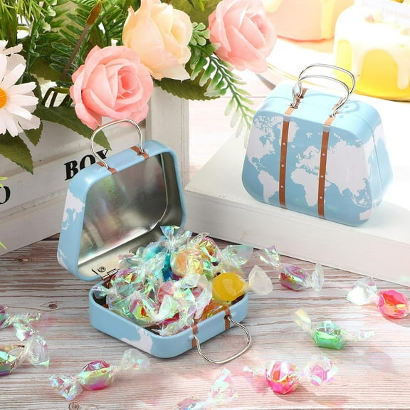 50 Pcs Suitcase Party Favor Boxes Travel Theme Small Luggage Candy Gift Box Vintage Storage Container Tins with Hinged Lids for Wedding Bridal Shower Decoration(Map)