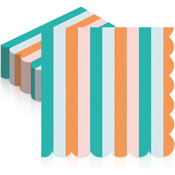 50 Pcs Summer Scalloped Napkins 5 x 5'' Wavy Striped Disposable Paper Cocktail Napkins 2 Ply for Summer Bachelorette Coast Beach Italian Birthday Baby Shower Party Decor Supplies