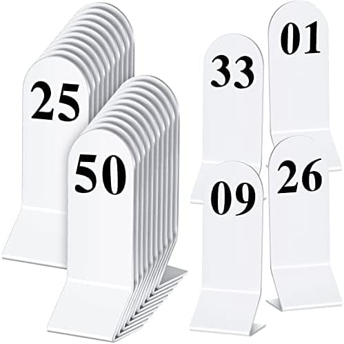 50 Pcs Table Numbers 1-50 Acrylic Double Sided Number Cards for Restaurant Acrylic Tent Table Holders Tent Cards Wedding 2.36 x 6.3 Inch (White)