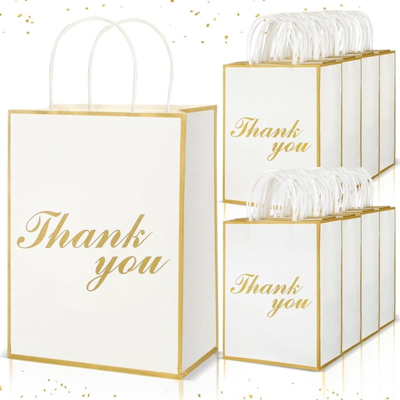 50 Pcs Thank You Gift Bags with Handles, Wedding Party Gift Bags Bulk Thank You Paper Bags for Business, Shopping, Wedding, Baby Shower, Party Favors, 8.27 x 4.33 x 10.63 Inches (White)
