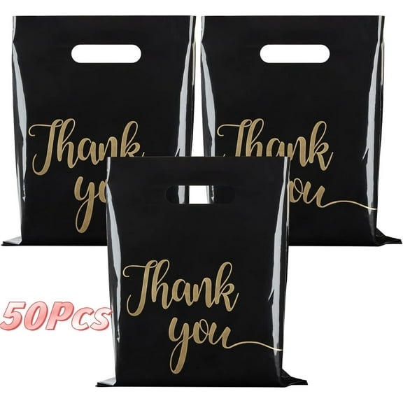 50 Pcs Thank You Merchandise Bag GIXUSIL Shopping Bags with Handles Plastic Gift Bags Bulk Retail Boutique Bags for Party, Clothes, Business, Trade Stores (Black, 8 x 12inch)