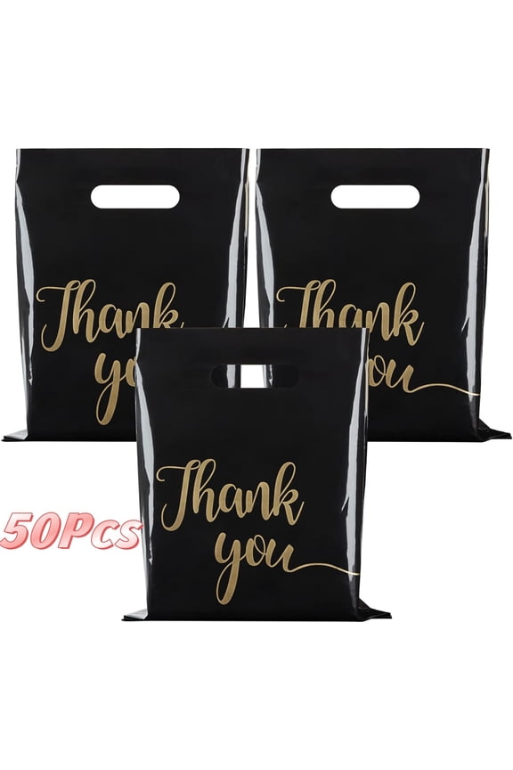 50 Pcs Thank You Merchandise Bag GIXUSIL Shopping Bags with Handles Plastic Gift Bags Bulk Retail Boutique Bags for Party, Clothes, Business, Trade Stores (Black, 8 x 12inch)