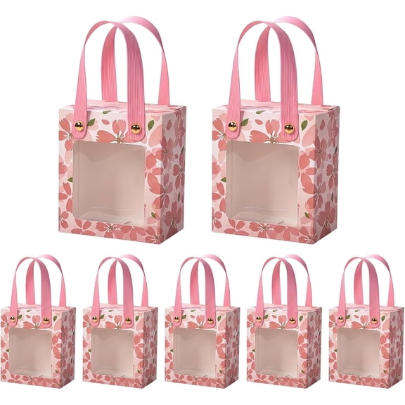 50 Pcs Treat Boxes,Golden Cherry Blossom Gift Boxes with Handle and Transparent Window,Candy Box for Wedding Favours, Birthday Party Supplies(Pink)