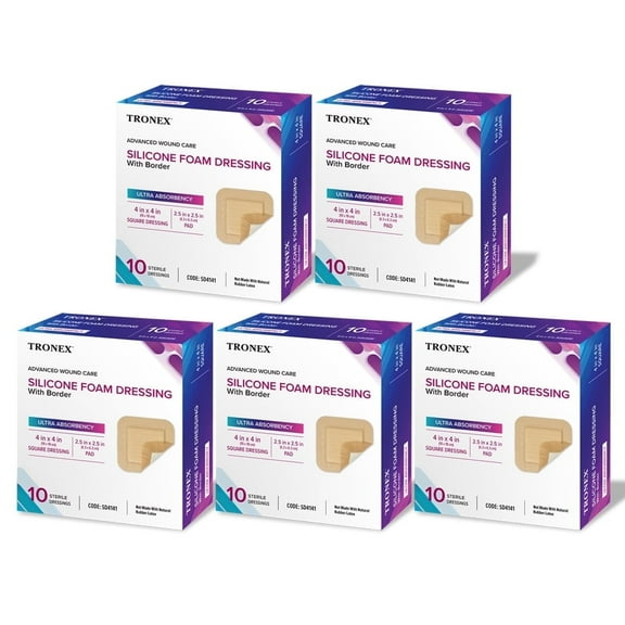 Tronex Silicone Foam Dressing 4x4, Adhesive Border, Waterproof, Sterile, Ultra Absorbent, Pack of 50