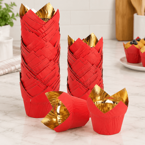 50 Pcs Tulip Baking Cups Cupcake Muffins Liners Aluminum Foil Paper Greaseproof Wrappers for Weddings Birthday Party Festivals Christmas, Gold/Red