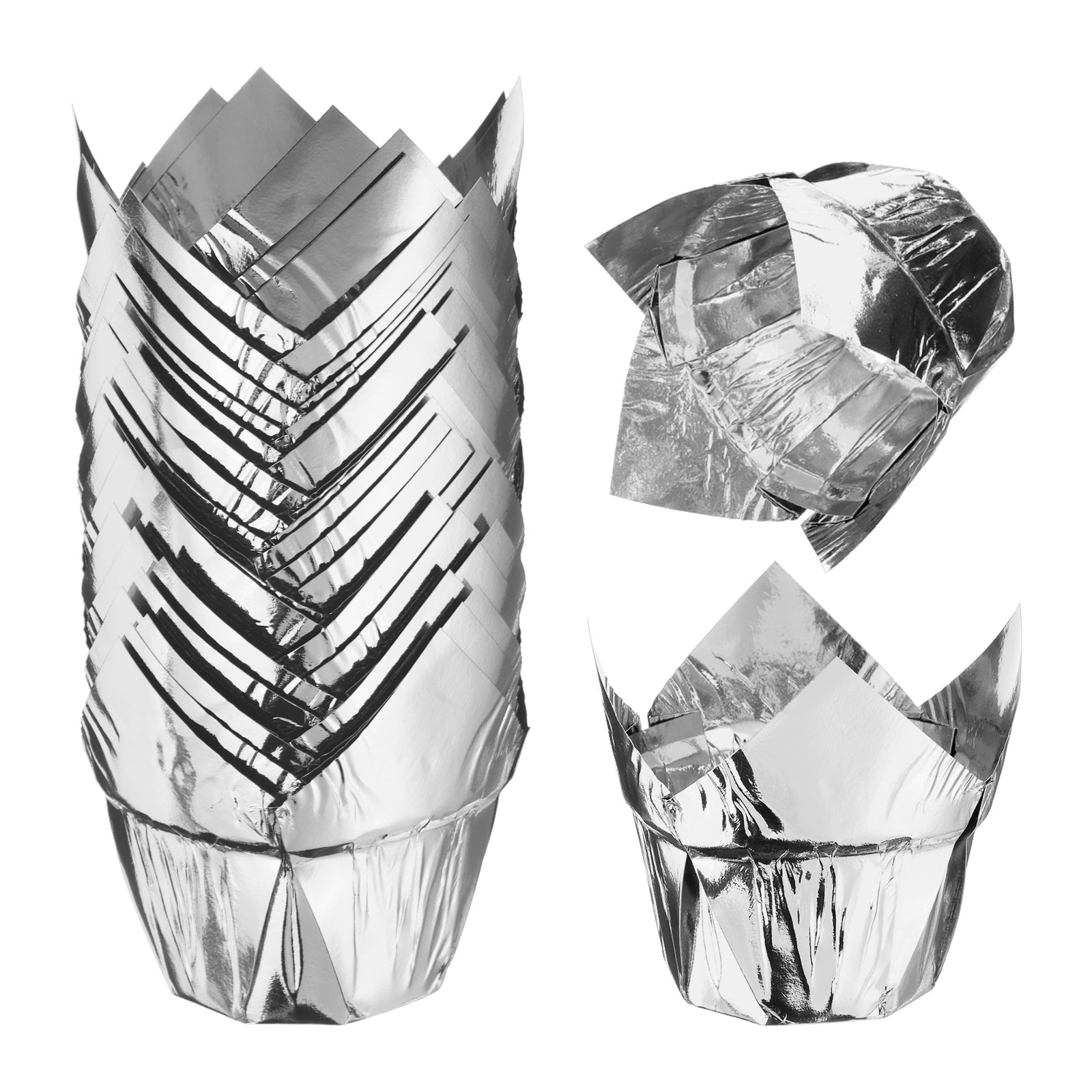 50 Pcs Tulip Baking Cups Cupcake Muffins Liners Paper Greaseproof Wrappers for Wedding Festivals Christmas, Silver
