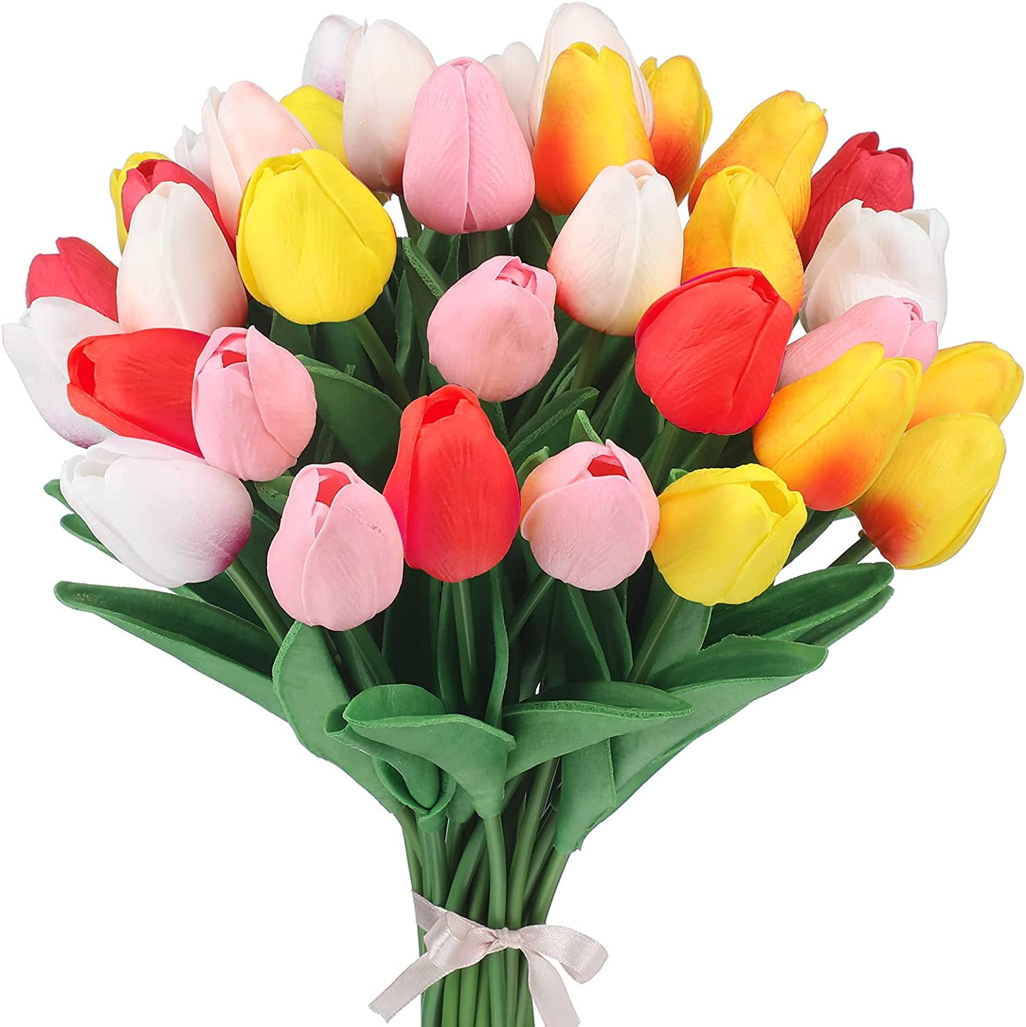 50 Pcs Tulips Artificial Tulips Flowers PU Fake Tulips 13 Inch Faux Flowers Cemetery Flowers for Easter Spring Home Room Office Party Wedding Decoration Bouquet Centerpiece (Bright Colors)