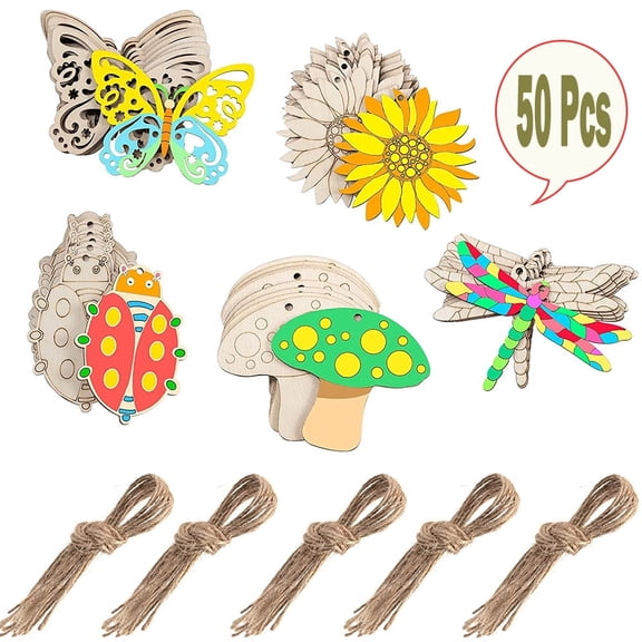 50 Pcs Unfinished Spring Wooden Cutouts, 5 Styles Butterfly Bee Wood Slices Flower Unfinished Wood Cutouts Blank Wooden Paint Crafts for Kids Painting DIY Crafts Home Decoration Craft Project