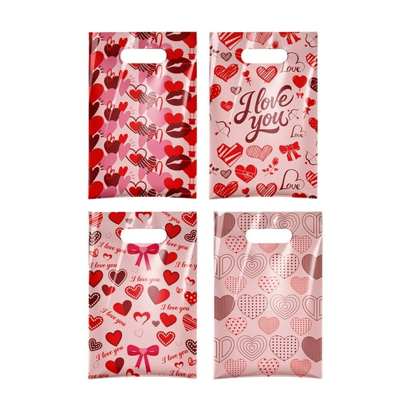50 Pcs Valentine's Day Gift Bags - 9.8x9.8in Heart Print Plastic Treat Bags, Romantic I Love You Candy Bags, Party Favor Bags for Valentine’s Proposal Birthday Wedding Holiday Decor & Gift Giving