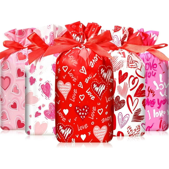 50 Pcs Valentine‘s Day Treat Bags Plastic Drawstring Gifts Goodie Candy Snack Bags Red Heart Party Favors for Valentine‘s Day Exchange Gifts Wedding Bridal Birthday Party Supplies(6 x 9 Inch)