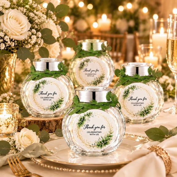 50 Pcs Wedding Favor Jars with Blessing Stickers and Vine Decorations, 1.5 Oz Mini Glass Jars for Wedding Guest Gifts, Engagement and Bridal Shower Party Favors