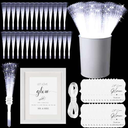 50 Pcs White Fiber Optic Wands with Metal Bucket Glow Sticks LED Wedding Sparklers Bulk with 50 Cards a Photo Frame a Roll of Ribbon for Wedding Bridal Shower Birthday Valentine's Gift