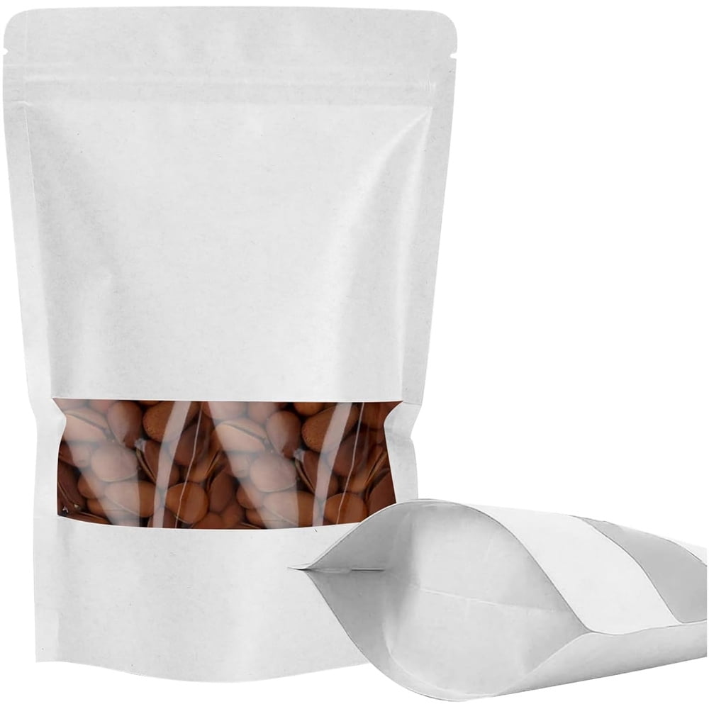 50 Pcs White Kraft Paper Bags,Sealable Stand Up Pouches Bags,Resealable Food Packaging Bags,Zip Lock Food Storage Bags with Clear Window,for Cookies Snacks Storage 5.9" x 8.6"