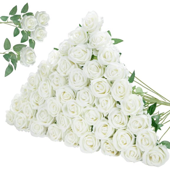 50 Pcs White Roses Artificial Flowers, Fake Velvet Silk Rose Bulk Faux Flower for Decoration DIY Wedding Centerpieces Proposal Bridal Bouquets Shower Party Home Floral Decor (50, White)