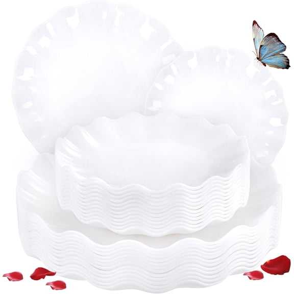 50 Pcs White Scalloped Plastic Plates Reusable - Unbreakable Plastic Plates for Weddings Party Outdoor Picnics Dishwasher Safe