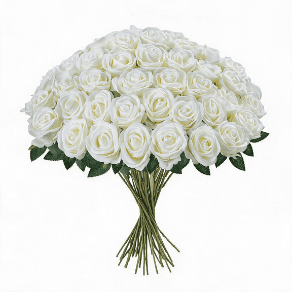 50 Pcs White Silk Fake Roses Bulk, Bendable Stem Artificial Flowers for DIY Decor