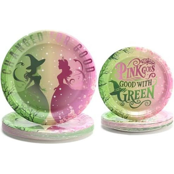50 Pcs Wicked Party Plates, Pink and Green Wicked Theme Birthday 9 inch 7 inch Paper Plates Party Supplies for Dinner Dessert Cake, Disposable Tableware Sets, Serve for 25 Guests