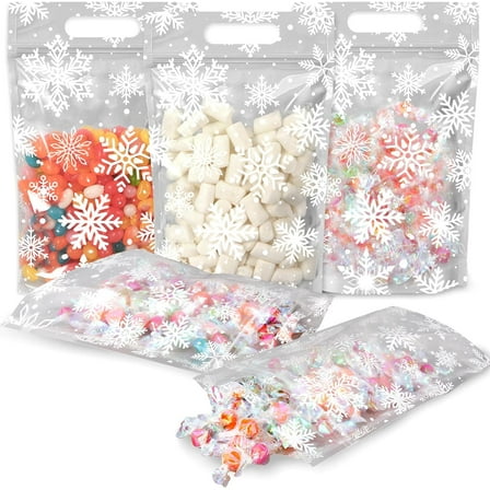 50 Pcs Winter Zip Lock Bags Treat Bag Clear Snowflake Plastic Candy Bag Christmas Cookie Sealing Bags Resealable Goody Gift Bag for Party Favor Wrap Supplies