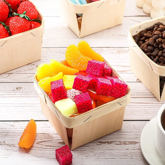 50 Pcs Wood One Pint Wooden Fruit Strawberry Berry Basket Bulk 4 x 4 x 2.5 Inch Small Square Vented Container Boxes for Food Storage and Party Arts Crafts Decor