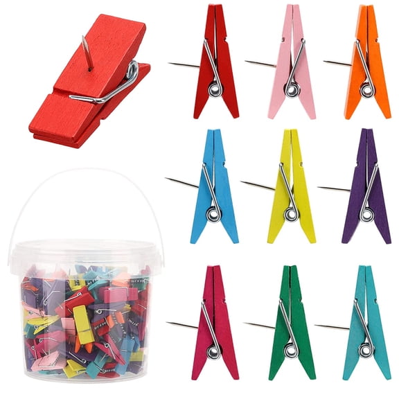 50 Pcs Wooden Clip Push Pins for Cord Boards, Durable Clothes Pin Thumb Tacks Classroom Decoration