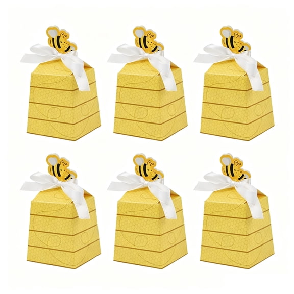50 Pcs Yellow Beehive Folding Favor Boxes 6.5x6.5x13.5cm - Cartoon Gift Boxes with White Ribbon for Wedding Parties, Baby Showers & Birthday Dessert Tables
