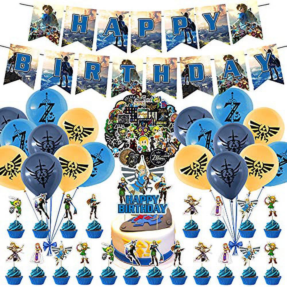 50 Pcs Zelda Birthday Party Supplies, Zelda Theme Game Party Decorations  with Happy Birthday Banner Cake Topper Cupcake Toppers Balloons