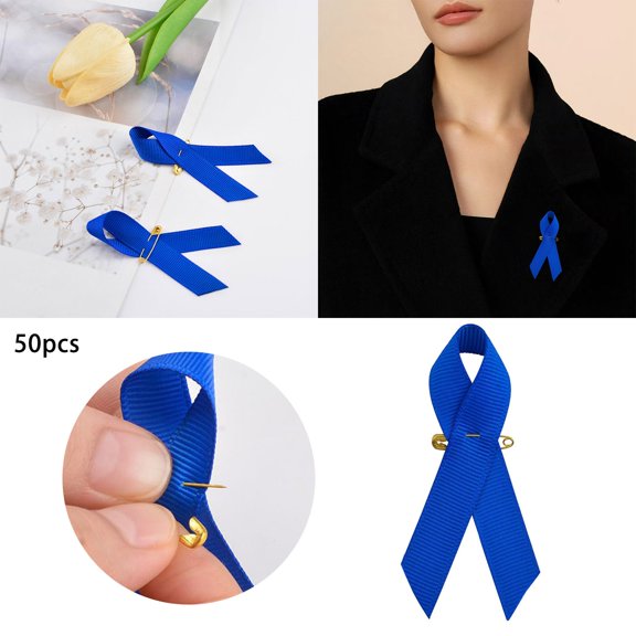 50 PcsBlue Ribbon Brooch Pins Hope Ribbon Lapel Official Breast Cancer Awareness Lapel Pin, 1 x 0.78 inch