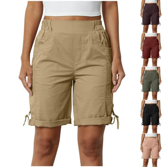 Ofertas en Walmart! QATAINLAV Summer Cargo Shorts for Womens Solid Casual Elastic Waist Hiking Shorts Knee Length Baggy Trendy Shorts with Pockets Black XL