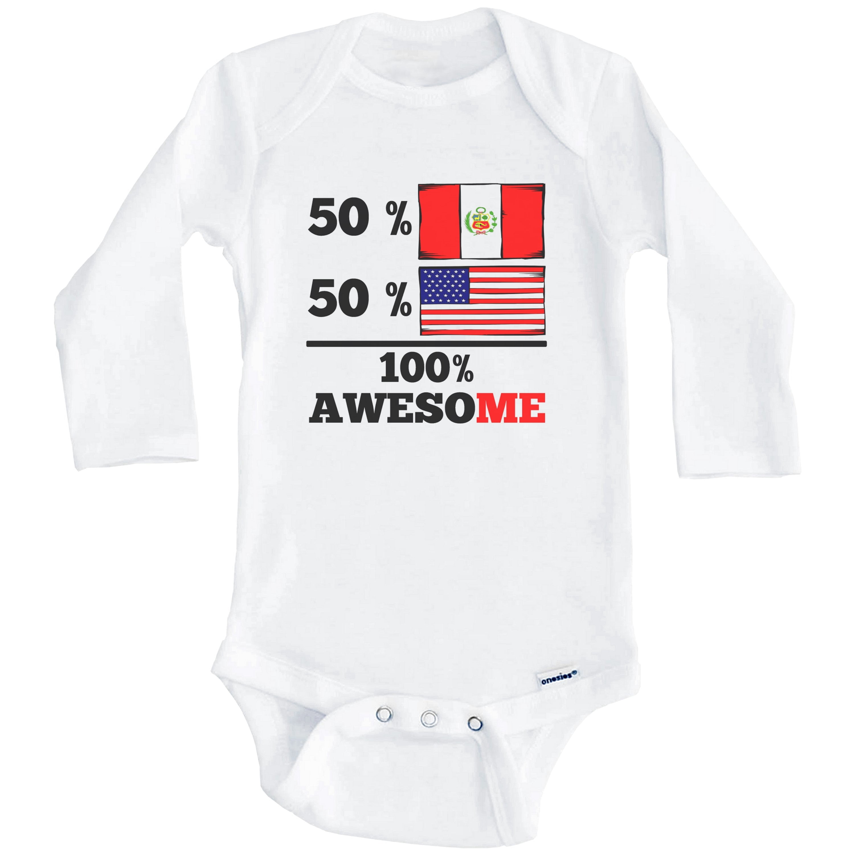 50% Peruvian 50% American 100% Awesome Funny Peru Flag One Piece Baby Bodysuit (Long Sleeve), 6-9 Months White