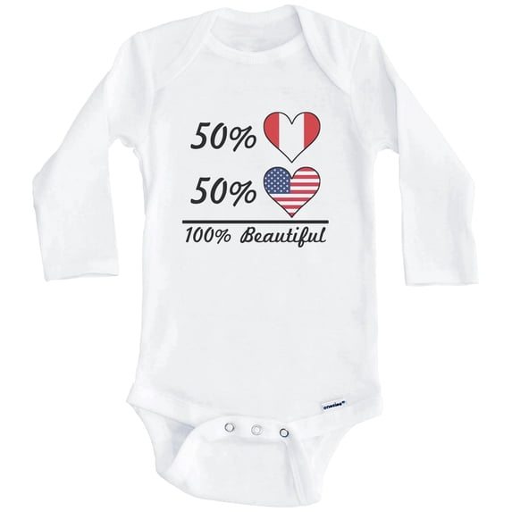 50% Peruvian 50% American 100% Beautiful Peru Flag Heart One Piece Baby Bodysuit (Long Sleeve), 0-3 Months White