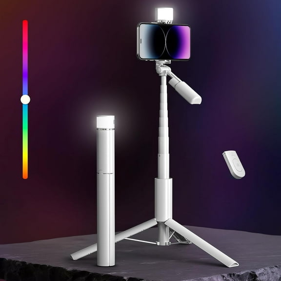 50'' Phone Tripod with Remote, Tripod for iPhone, 6 in 1 Selfie Stick with Light & Holder, Extendable Cell Phone Stand for Video Recording