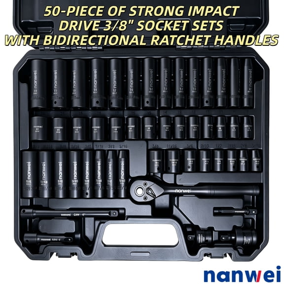 50-Piece 3/8" Drive Socket Set, SAE 5/16"-3/4" & Metric 8mm-22mm, Extension Bars, Reducer, Universal Joint & Drill Adapter, CR-V Steel Socket Kit for Auto Repair DIY, Holiday Tool Gift for Mechanics