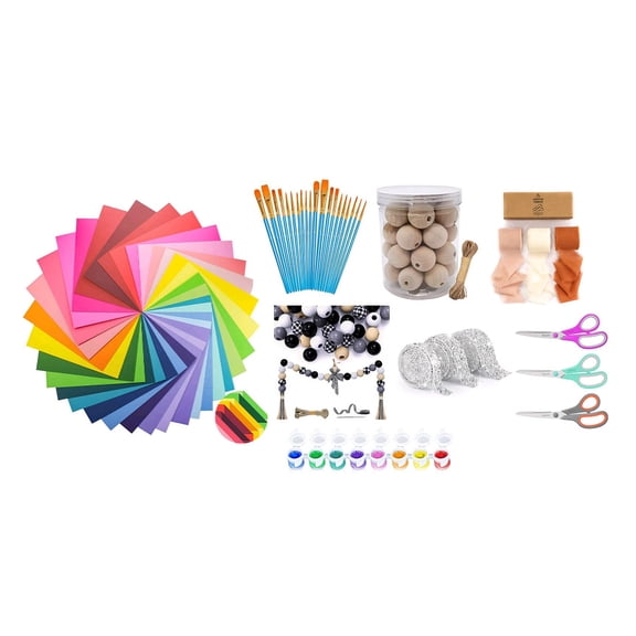 50 Piece Arts and Craft Mystery Package- CAN include Cardstock, Specialty paper, Beads, Ribbon, String, Wood blanks, Fabric, Fabric blanks, Paint brushes, Canvases, and much more!
