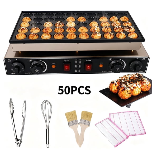 50-Piece Baking Kit Mini Dutch Pancake Maker, Silver Stainless Steel Nonstick 1800W Commercial Waffle Machine, 1.6in Hole Adjustable Temp&Time Grill for Home Breakfast Bar