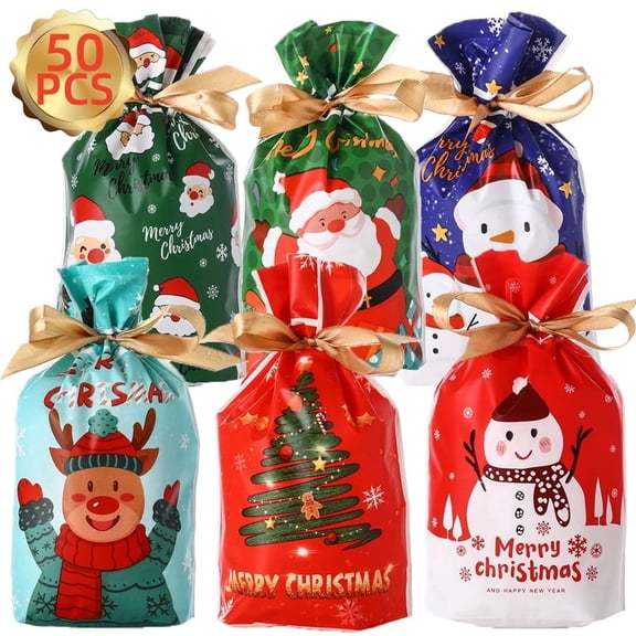 50-Piece Christmas Drawstring Gift Bags for Party Favors and Sweet Treats, Colorful