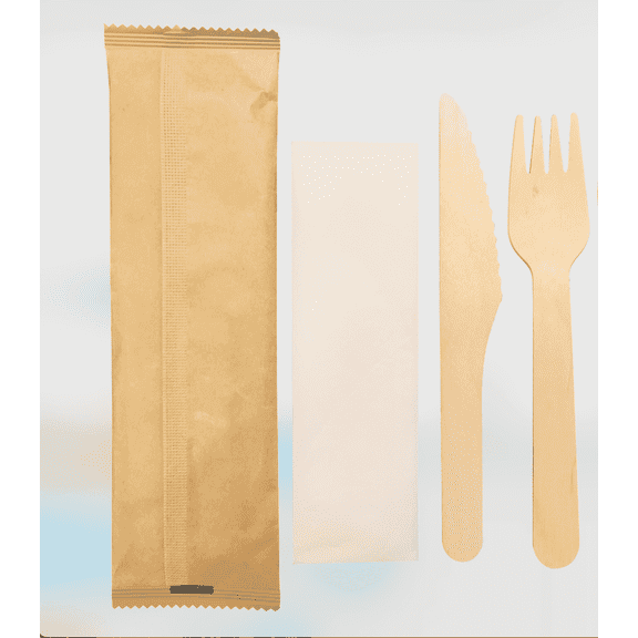 50-Piece Disposable Wooden Cutlery Individual Paper Wrapped Cutlery Set of Forks, Knives Napkin Natural Wooden Utensils for Parties